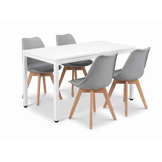 Stůl Loft 120x60 Bílý 4 skandinávská křesla s polštářem Šedá