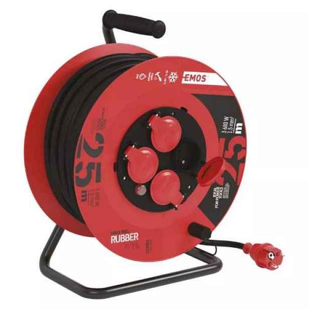 Kabel prodlužovací, 50m 230V, cívka, 4 zásuvky, guma