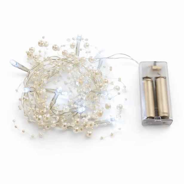 LED světýlka na baterie, bílé perly, 1,3 m, ledově bílá, 10 diod, IP20 interiér, 2 × AA