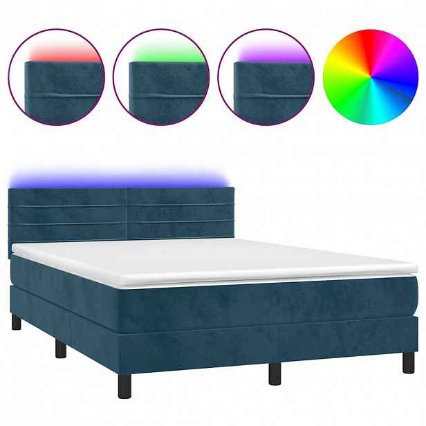vidaXL Box spring postel s matrací a LED tmavě modrá 140x200 cm samet