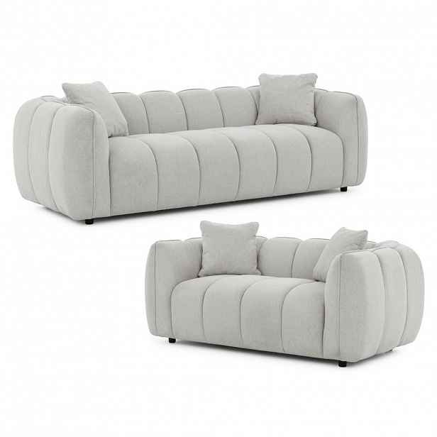 S-Style SEDACÍ SOUPRAVA 3+2 Nubira v hluboce prošívaném designu Bubble z měkké strukturované látky ve světle šedé barvě s moderním vzhledem
