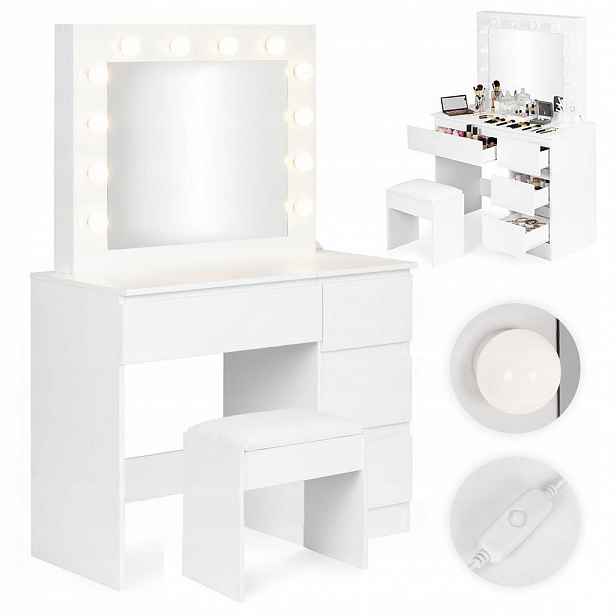 Toaletní Stolek kosmetický se zrcadlem a Led osvětlením, 4 zásuvky, stolička Modern