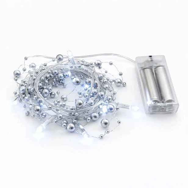 LED světýlka na baterie, perly stříbrné, 1,3 m, ledově bílá, 10 diod, čirý kabel, IP20 interiér, 2 × AA