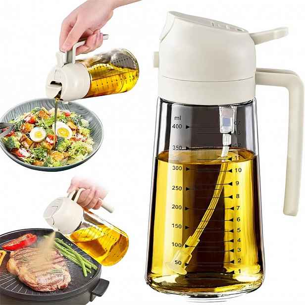 TEMU 2-v-1 Olejový rozprašovač a dávkovač s měřítkem, plastová láhev o objemu 470 ml, rozprašovač olivového oleje na smažení a pečení, znovu