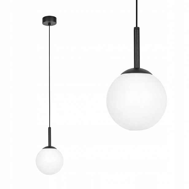 Kaja Závěsná lampa s velkým bílým stínítkem černá Faro nad deskou stolu E14