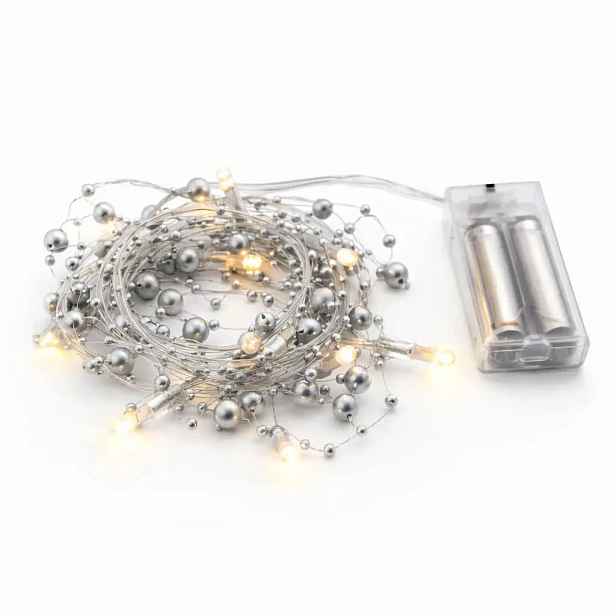 LED světýlka na baterie, perly stříbrné, 1,3 m, teple bílá, 10 diod, čirý kabel, IP20 interiér, 2 × AA