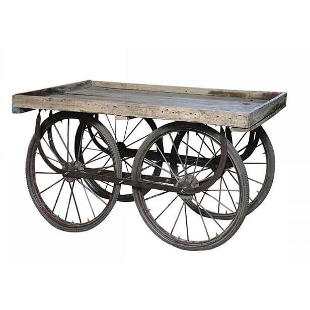 Retro kovový vozík na velikých kolech s dřevěnou deskou Old Cart - 144*70*79cm Chic Antique