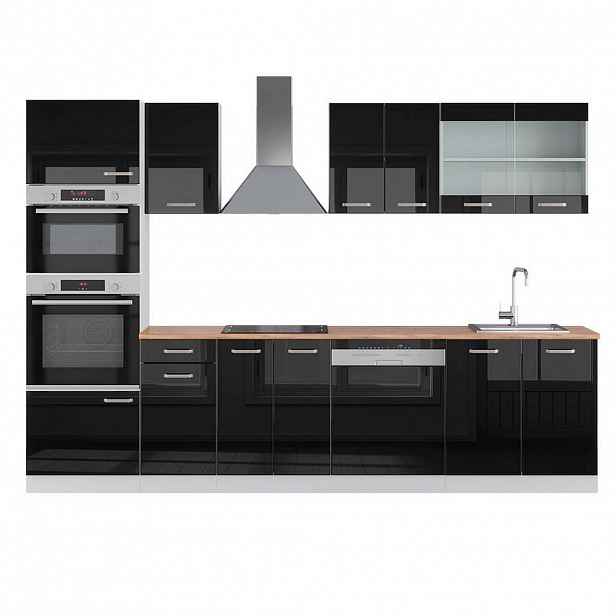 Vicco KUCHYŇSKÝ KOUT R-Line Černý vysoký lesk 300 cm s vysokou skříní, PD Dub