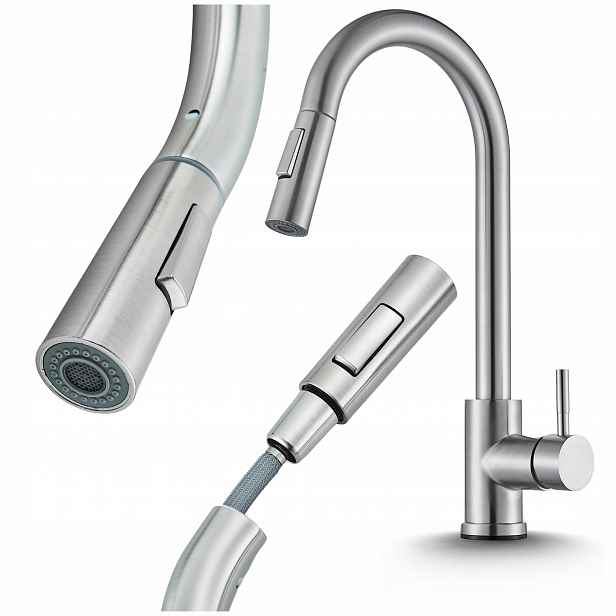 Kuchyňská Baterie Inox S Flexibilním Výsuvným Výtokem, Stojící Perlátor