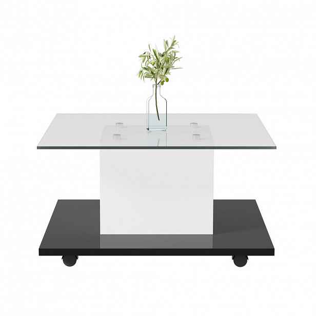 Redom KONFERENČNÍ stolek 80/40/80 cm s tvrzeným sklem, LED osvětlením a pojezdovými kolečky, Bílá/Černá