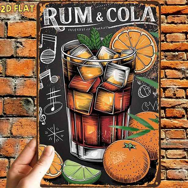 TEMU 2D plochý, 1 ks, retro plakát s nápoji Rum a , kovová železná cedule, předvrtané otvory, vhodné pro vnitřní, zahradní, venkovní, domácí,