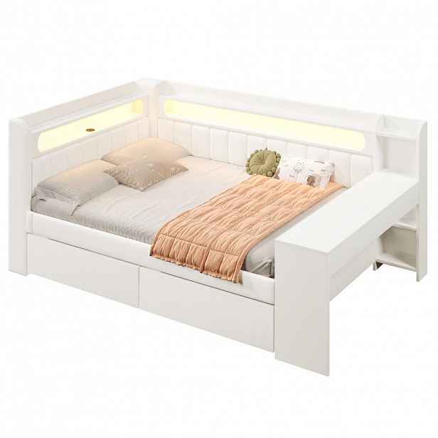 OKWISH DENNÍ postel 140/200 cm bílá z MDF a překližky s čalouněním, LED, USB, psacím stolem a 2 zásuvkami