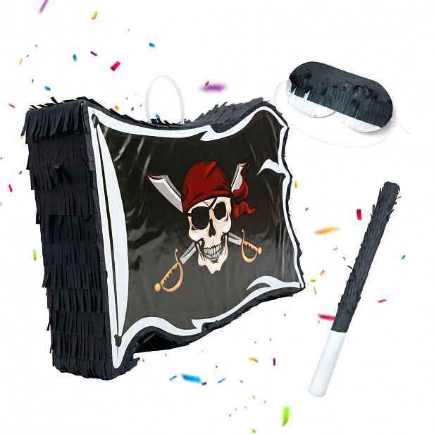 Relaxdays PINATA Černá Bílá pirátská vlajka 3dílná-sada s maskou a tyčí