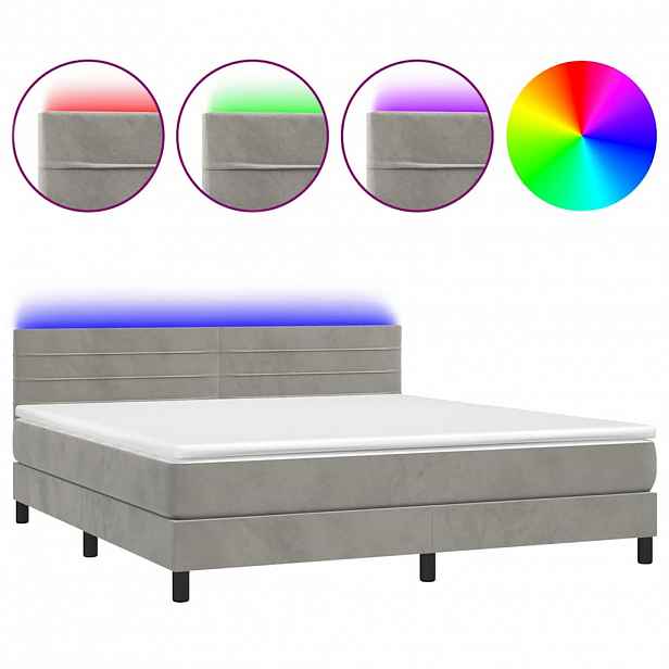 vidaXL Box spring postel s matrací a LED světle šedá 180x200 cm samet