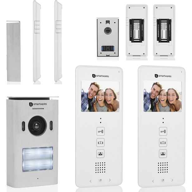 Bílý Drátový Videotelefon 3.5" Set alu Interkom 2 rodinný dveře