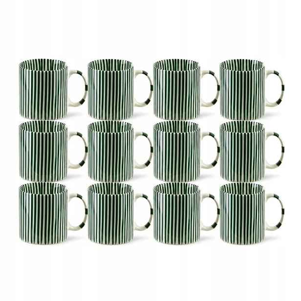 Porcelánové hrnky na kávu 380 ml, sada 12 ks, zeleno-bílé proužky