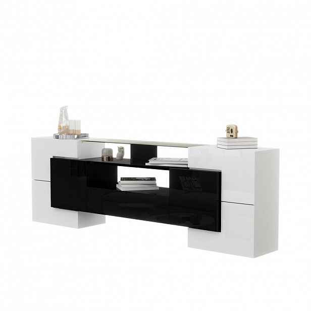 Redom TV stolek 200/35/60 cm s LED osvětlením, vysoký lesk a skleněná plocha, úložný prostor, Bílá/Černá