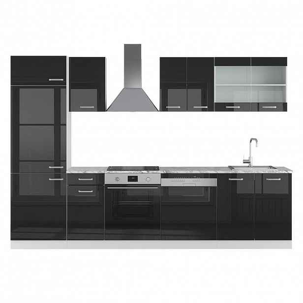 Vicco KUCHYŇSKÝ KOUT R-Line Černý vysoký lesk/bílá 300 cm s pracovní deskou