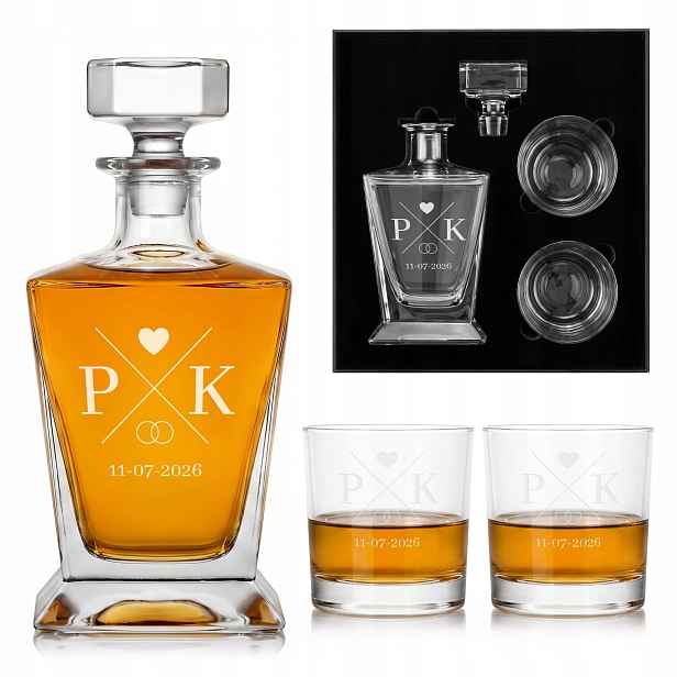 Karafa 850 ml 2 sklenice na whisky Sada s gravírováním Dárek Svatba Krabička