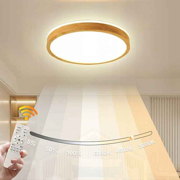 Led Kulatá Stropní Lampa Ze Dřeva Dálkový Ovladač 40 CM