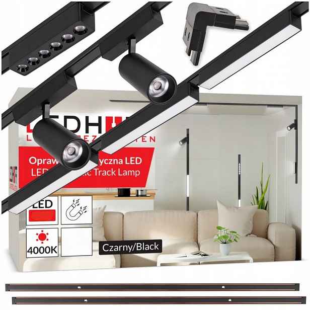 Magnetické kolejnicové osvětlení 2x Kolejnice 1m 6x Led lampa Vertikální spojka