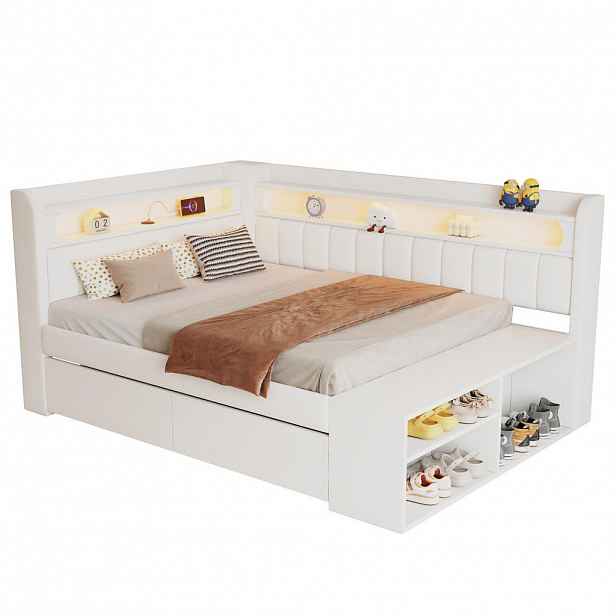 OKWISH ČALOUNĚNÁ postel 90/200 cm bílá z MDF a překližky s LED osvětlením, USB a botníkem