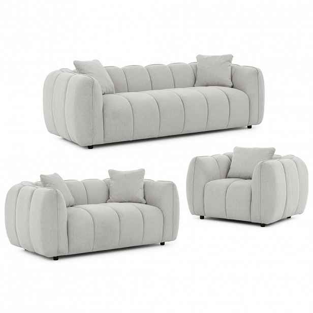 S-Style SEDACÍ SOUPRAVA 3+2+1 Nubira v hluboce prošívaném designu Bubble z měkké strukturované látky ve světle šedé barvě s moderním vzhledem