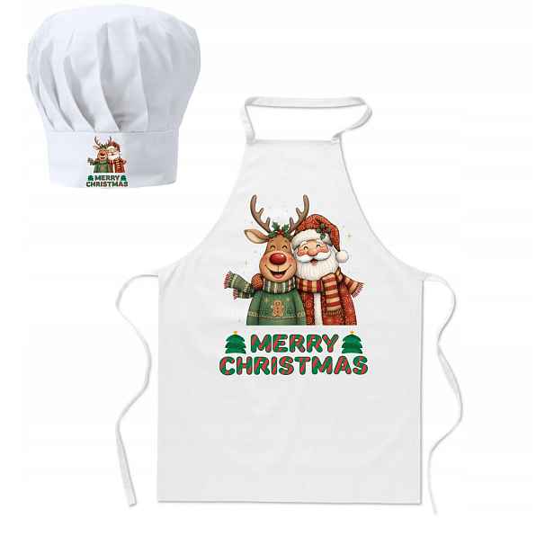 Vánoční sada Kuchyňská zástěra Kuchařská čepice Merry Christmas