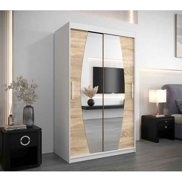 Šatní skříň se zrcadly DARINA - šířka 120 cm, bílá / dub sonoma