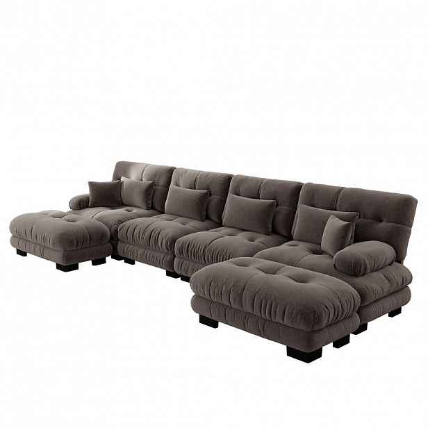 Modfu MODULÁRNÍ rohová pohovka z chenille 406x145x81 cm hnědá s pohyblivými otomany a variabilním uspořádáním