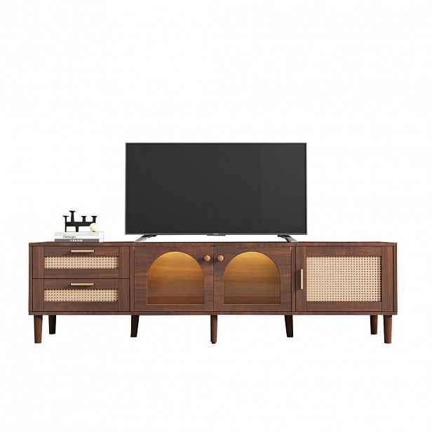 Modfu TV stolek z dřevotřísky 180x40x50 cm hnědý s LED osvětlením, ratanovými zásuvkami a skleněnými dvířky