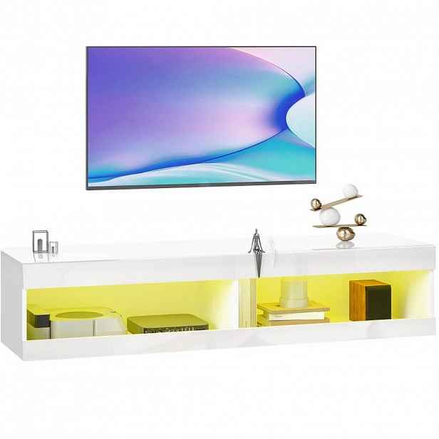 Redom ZÁVĚSNÝ TV stolek 140/40/30 cm s RGB LED osvětlením, otevřenými úložnými prostory a kabelovým vedením, Lesklá bílá