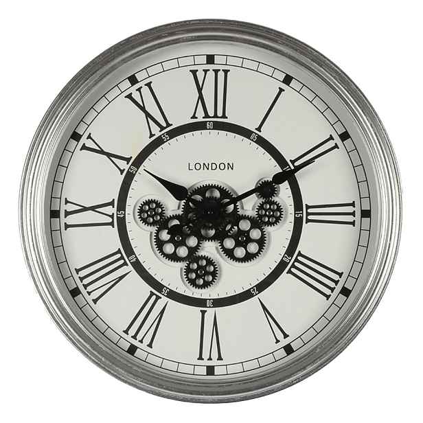 Stříbrné antik nástěnné hodiny s ozubenými kolečky London - Ø 60*10 cm Clayre & Eef
