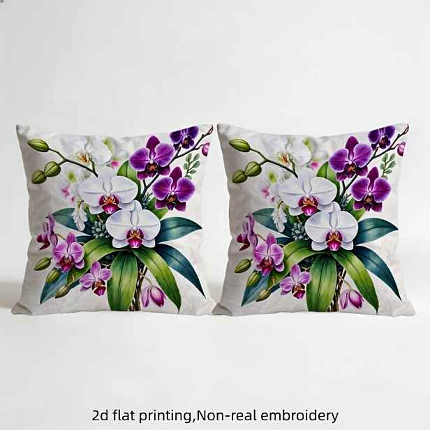 TEMU Sada 2 ks 2D plochý potisk povlak na polštář s orchideje Cymbidium, elegantní fialovo-růžová barevná bloková texturovaná dekorace, povlak na