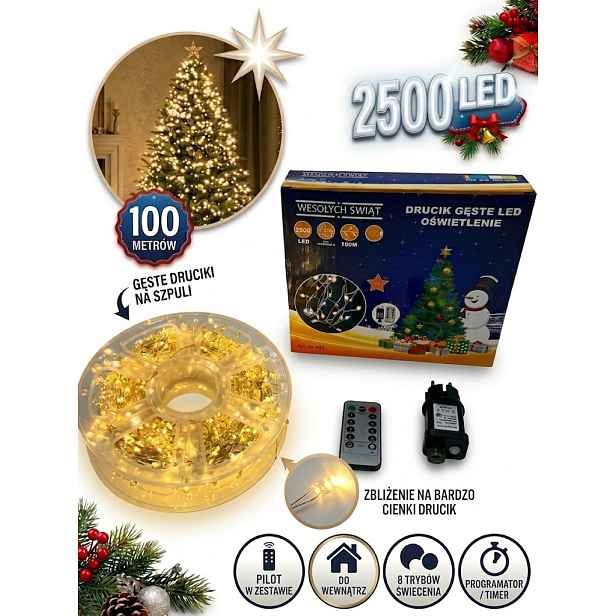Vánoční Osvětlení Na Stromeček 100 m 2500 Led teplá bílá 8 režimů pro vnitřní použití