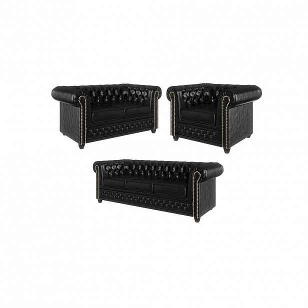 S-Style CHESTERFIELD SEDACÍ SOUPRAVA 3+2+1 Morin z černé veganské kůže se spací funkcí