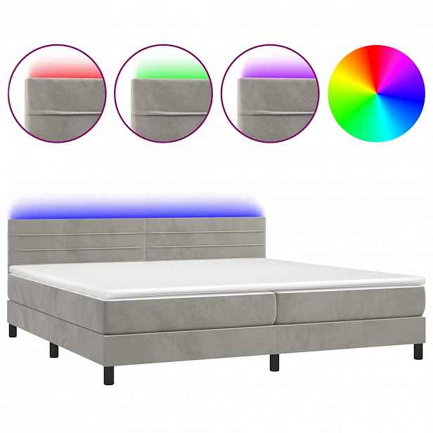 vidaXL Box spring postel s matrací a LED světle šedá 200x200 cm samet