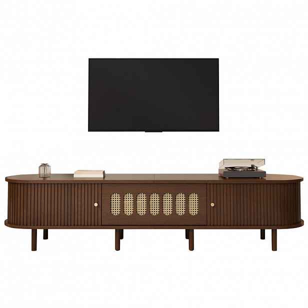 OKWISH TV stolek 180/40/40 cm ořech z MDF s ratanovým dekorem a roletovými dvířky