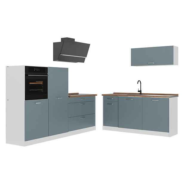 Vicco KUCHYŇSKÝ KOUT R-Line, Modrošedá/Bílá, 220 cm pracovná doska Dub Goldkraft
