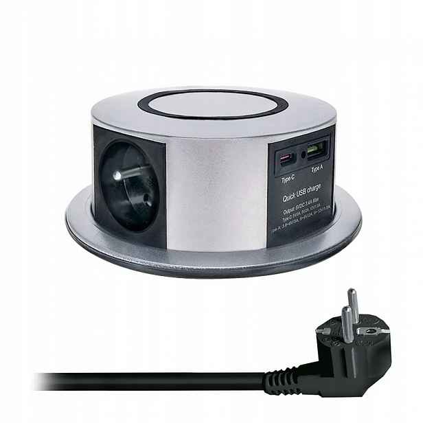 3z Usb A+c 20W Pd, Wireless 10W, výsuvný blok zásuvek, 2m, stříbrný