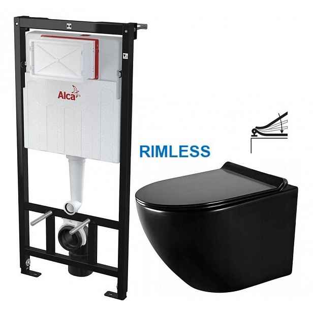 Předstěnový instalační systém bez tlačítka + WC MEXEN LENA ČERNÁ Rimless + SEDÁTKO AM101/1120 X ME01