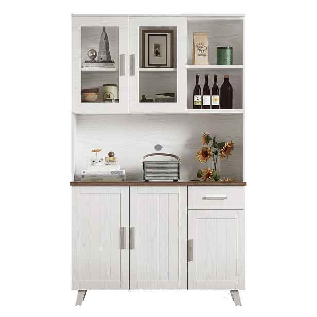 EVRYAE BUFFET s 5 dvířky prosklenými dvířky zásuvkou otevřenými přihrádkami Bílá 114/40/190 cm