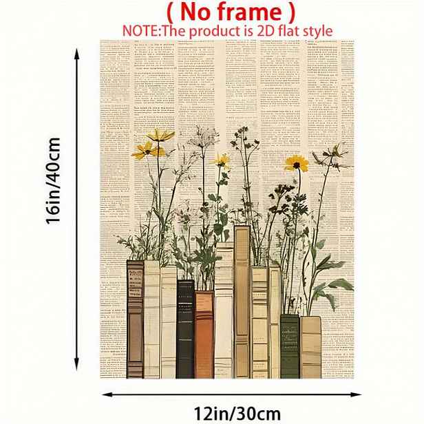 TEMU 1ks Vintage Květinový & Knihy Tisk na Plátno - Nerámovaná Rustikální Tradiční Moderní Dekorace, 12x16 Palců Vysoce Kvalitní Plakát na Plátně pro