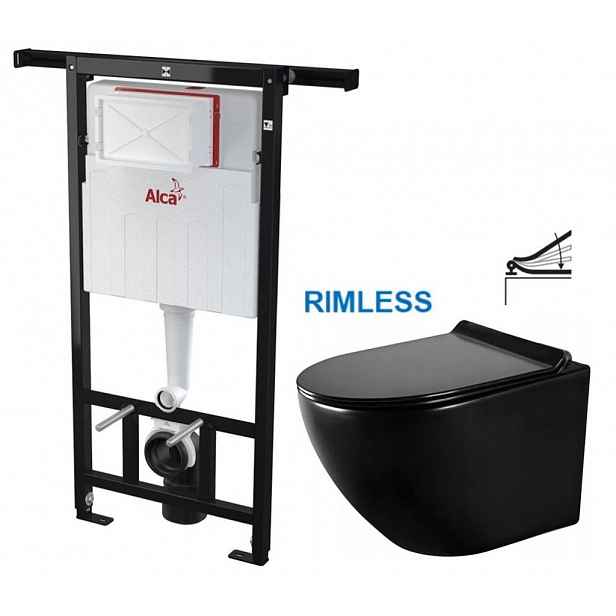 Předstěnový instalační systém bez tlačítka + WC MEXEN LENA ČERNÁ Rimless + SEDÁTKO AM102/1120 X ME01