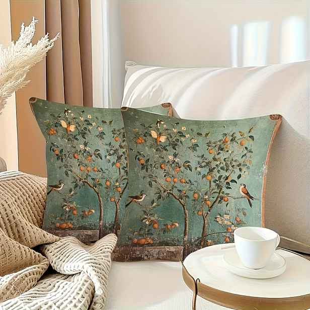 TEMU 2ks, Oboustranně potištěný ultra měkký krátký plyšový povlak na polštář 45,72x45,72cm, 2D plochý tisk, Borovice, broskve a jabloně létající v