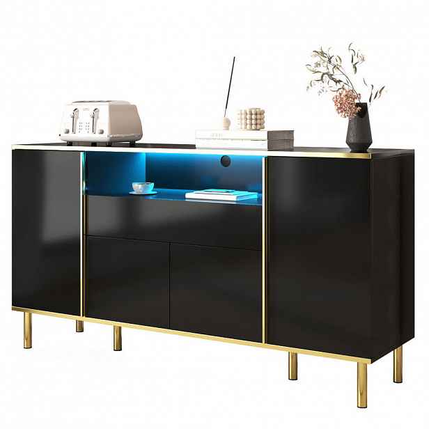 Modfu KOMODA z MDF a dřevotřísky 150x40x80 cm černá s LED osvětlením, 4 dvířky a zásuvkou ve vysokém lesku
