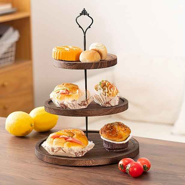 TEMU 1 ks 3patrový dřevěný víceúrovňový talíř na dorty, masivní dřevěný železný vysoký podnos, talíř na dim sum a ovoce, dezertní dekorativní podnos,