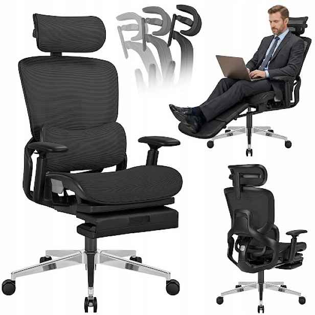 Kancelářská otočná židle Mark Adler černá, ergonomická, s podnožkou, 130 kg