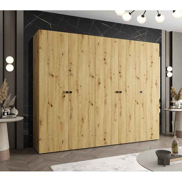 Elegantní šatní skříň CAITIR 1 250 cm - dub artisan / černé úchyty