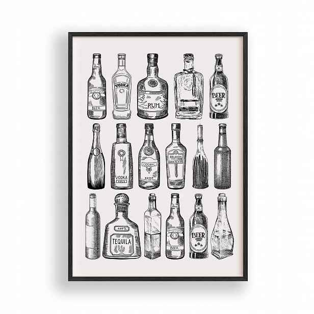 Obraz Kolekce lahví alkoholu Plakát Rámeček Dřevěný Černý 30x42 cm